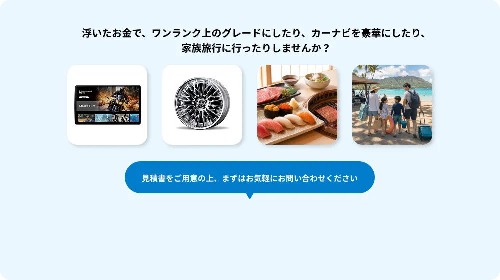 浮いたお金でグレードアップや家族旅行を楽しめます。見積書をご用意の上、お気軽にお問い合わせください